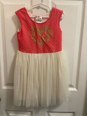 Girls Coral and Cream Tulle Party Dress with Gold Heart Accent